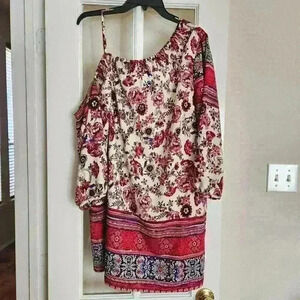 Skies are Blue Asymmetrical One Shoulder Long Sleeve Floral Fall Dress Large